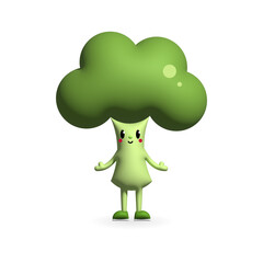 Fototapeta premium Cute cartoon style smiling broccoli character 3D rendering icon, illustration for food and nature design. Broccoli character isolated on white background.
