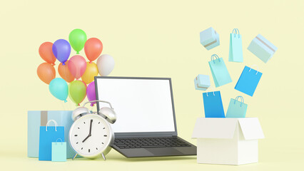 Online shopping time, shopping bag with gift box and laptop e-commerce concept, 3D rendering.