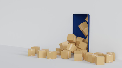 Cardboard box parcel overflow from smartphone display, online delivery concept, 3D rendering.