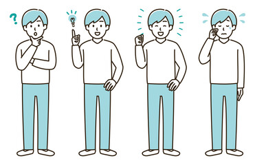 男性の表情バリエーションのイラストセット②（水色バージョン）