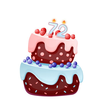 Seventy two years birthday cake with candles number 72. Cute cartoon festive vector image. Chocolate biscuit with berries, cherries and blueberries. Happy Birthday illustration for parties