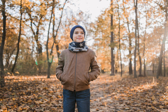 boy in a jacket in autumn in orange leaves in the park