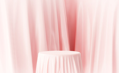 Pink fashion fabric cosmetic podium presentation stand on minimal product display 3d background...