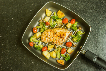 Grilled chicken breast steak with potatoes, cherry tomatoes, broccoli in cooking pan 