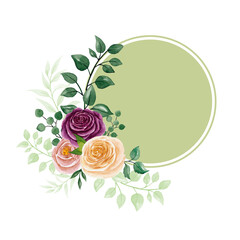 Round frame with beautiful roses and leaves. Watercolor illustration.