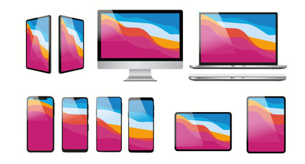 Realistic computer and electronic device collection. Isolated on a white background. With transparent and changeable screens and monitors. Vector illustration.