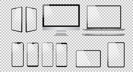 Realistic computer design vector icons. Notebook, tablet, and smartphone illustration. Transparent background and isolated screens. Realistic vector illustration.