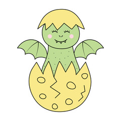 Little baby dinosaur hatching from the egg. Prehistoric cartoon character in doodle style.