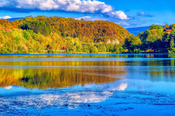 Landscape view over great Pliva lake during autumn day.