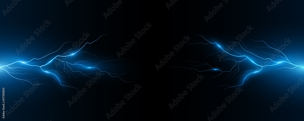 Poster realistic blue lightning effect isolated on black background. thunderbolt with light effect. thunder