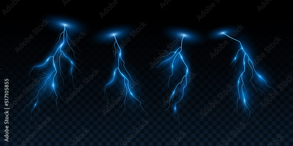 Poster set of realistic lightning effects isolated on dark transparent background. thunderbolt with light e