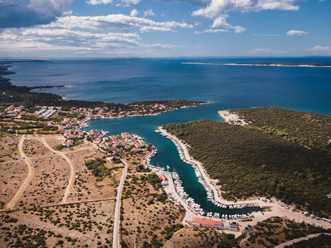 Drone flight over the beautiful island of Pag in Croatia, simuni, novalja, zrece beach