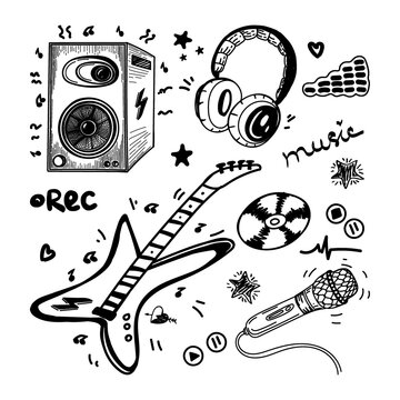 A set of hand-drawn sketch-style musical elements. Electric guitar, subwoofer. Headphones, microphone, CD, audio, sheet music and recording icons. Vector simple isolated illustration.