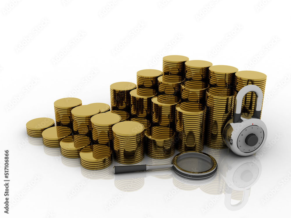 Poster 3d rendering gold coins with lock