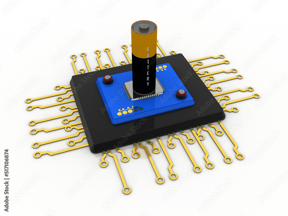 Poster 3d rendering electrical energy and power supply source concept, accumulator battery with computer ch