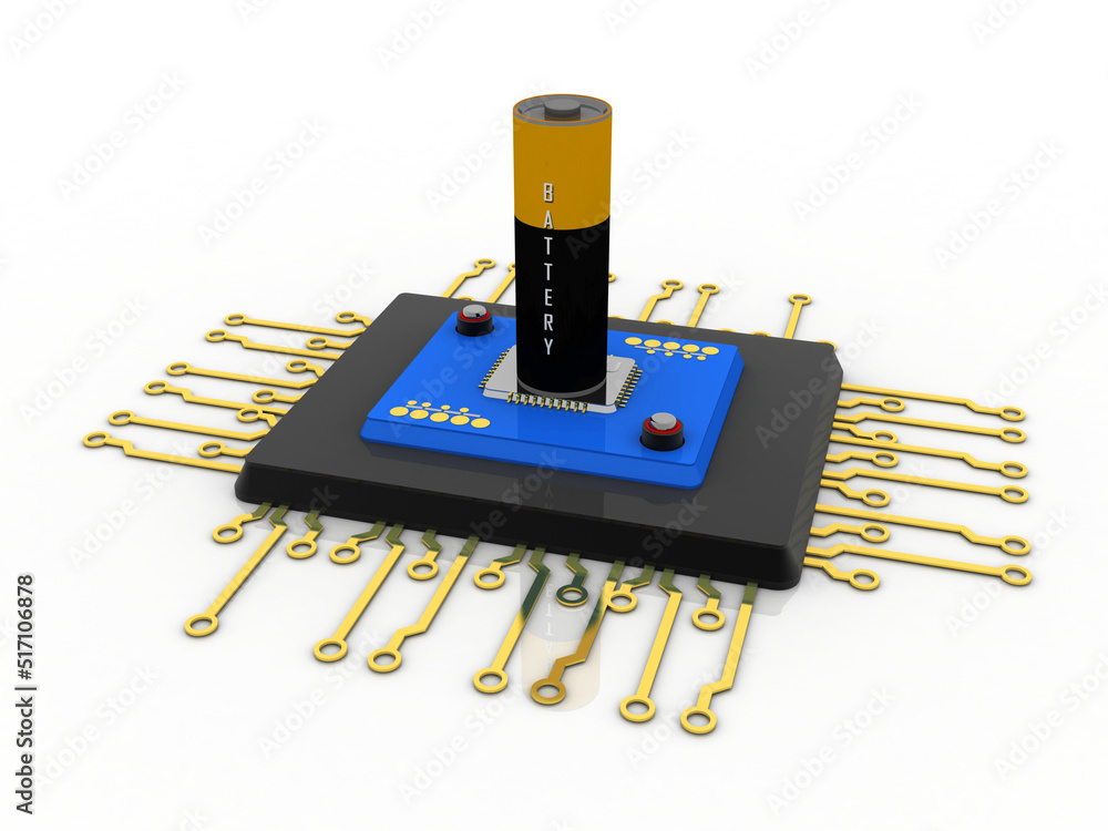 Poster 3d rendering electrical energy and power supply source concept, accumulator battery with computer ch