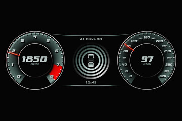 3D illustration of the new car interior details. Speedometer shows a maximum speed of 97 km  h, tachometer with blue,red backlight. Design and interior of a modern car.. .