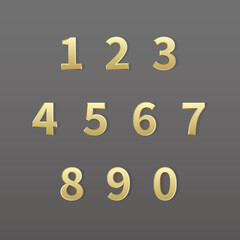 Gold numbers set on dark background, Retro 3D style numbers from zero to nine.