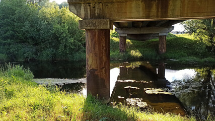 a small river in a wild forest, hiking trail in the wild forest, Summer warm weather. Beautiful countryside.