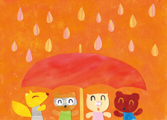 雨宿りする動物たち