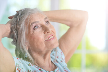 Portrait of beautiful elderly woman posing at home