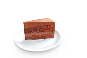 delicious chocolate cake on a white plate on a white background