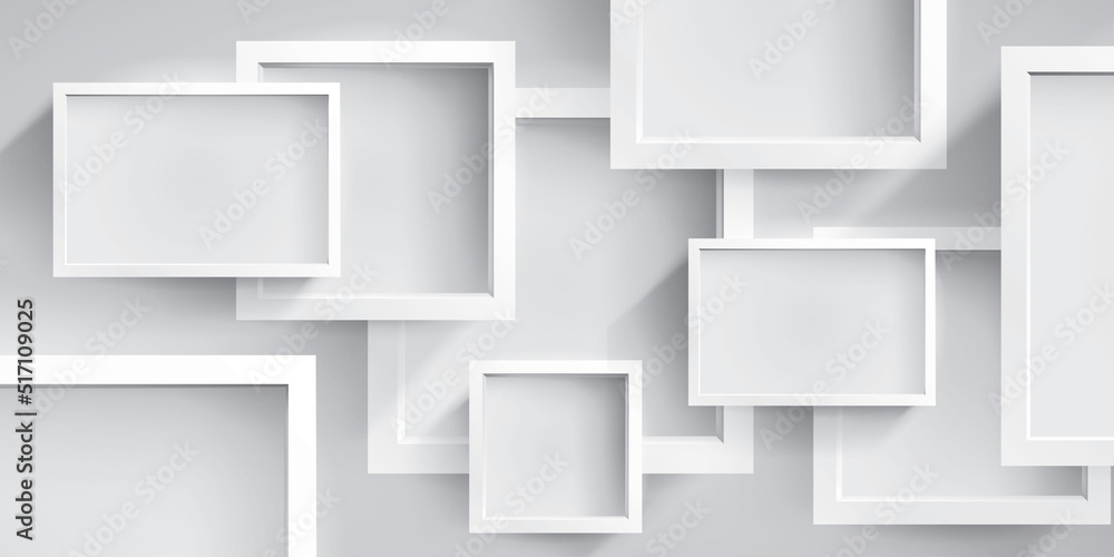 Poster white empty squares and frames, abstract composition. mock up objects. vector design background