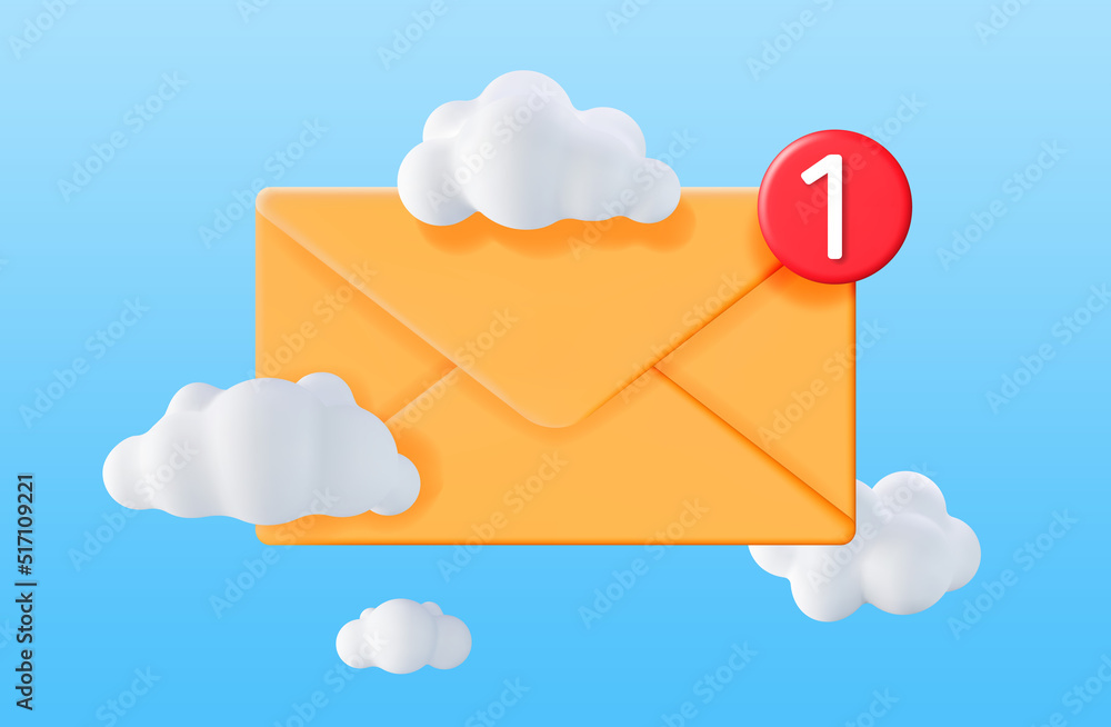 Poster 3d mail envelope in clouds with notification