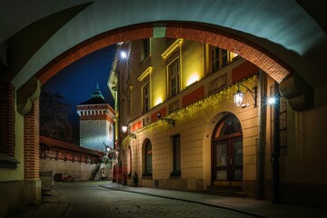 Ulica Pijarska w Krakowie z Muzeum Czartoryskich w nocy - obrazy, fototapety, plakaty