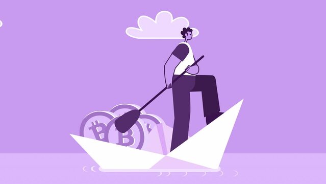 Purple Style Man Flat Character Rower Sailing on Paper Ship with Bitcoins. Isolated Loop Animation with Alpha Channel