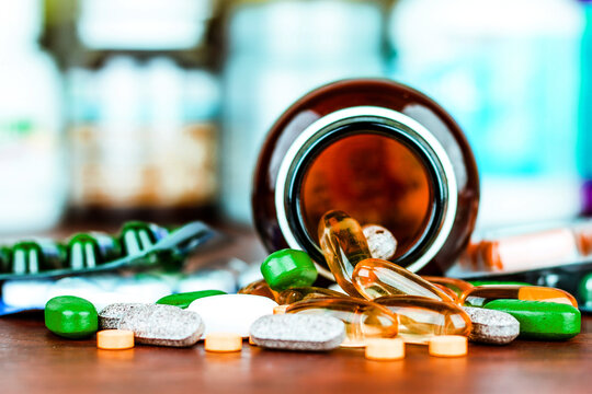 Drug prescription for treatment medication. Pharmaceutical medicament, cure in container for health. Pharmacy theme, capsule pills with medicine antibiotic in packages.