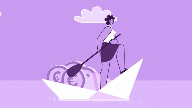 Purple Style Woman Flat Character Sailing on Paper Ship with Euro Coins. Isolated Loop Animation with Alpha Channel