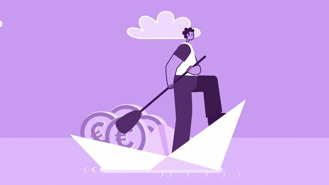 Purple Style Man Flat Character Sailing on Paper Ship with Euro Coins. Isolated Loop Animation with Alpha Channel