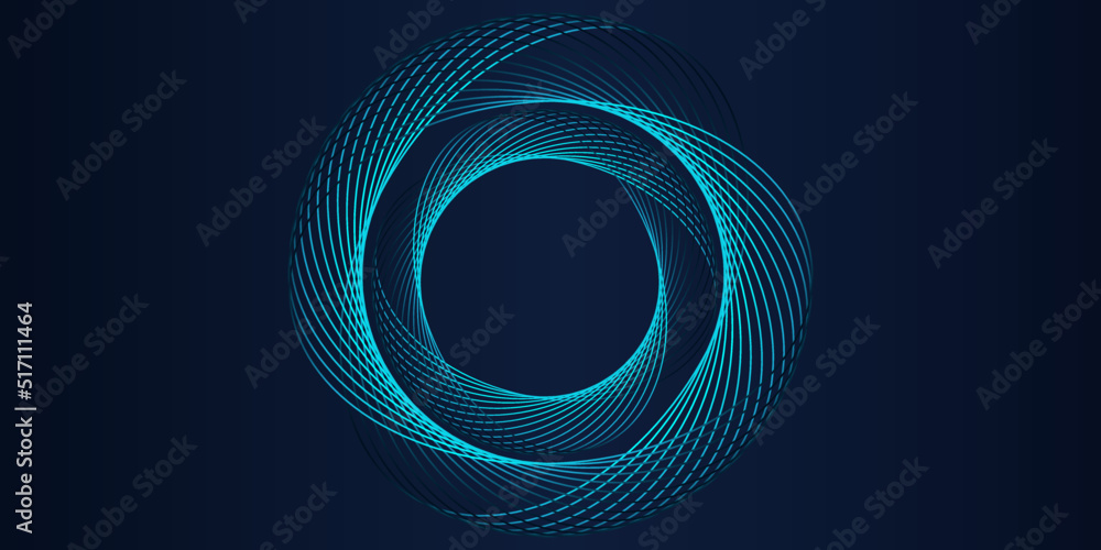 Poster Vector abstract circle frame with wavy rounded lines pattern flowing in blue green colors isolated on black background for concept of music, technology, ai