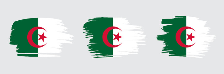 Set of 3 creative brush flag of Algeria with grungy stroke effect. Modern brush flags collection.