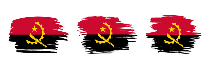 Set of 3 creative brush flag of Angola with grungy stroke effect. Modern brush flags collection.