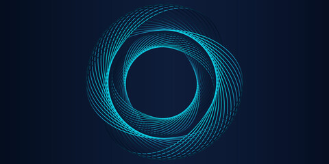 Vector abstract circle frame with wavy rounded lines pattern flowing in blue green colors isolated on black background for concept of music, technology, ai - obrazy, fototapety, plakaty