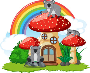 Koala group with mushroom house