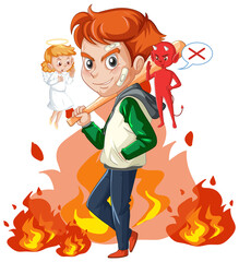 Fototapeta premium Cartoon character with devil and angel fighting in thought
