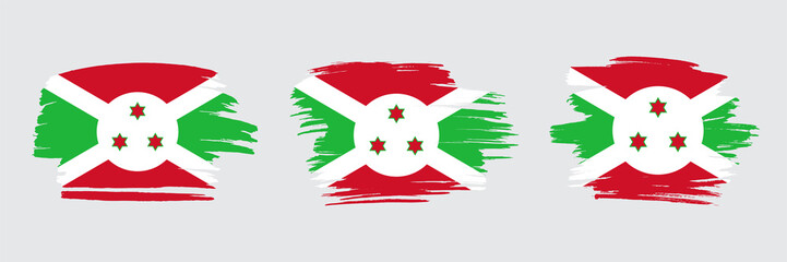 Set of 3 creative brush flag of Burundi with grungy stroke effect. Modern brush flags collection.