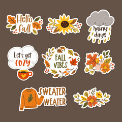 Cute autumn floral sticker collection. Hand-drawn colorful stickers with autumn decorative elements. Vector illustration. Set 1 of 2.