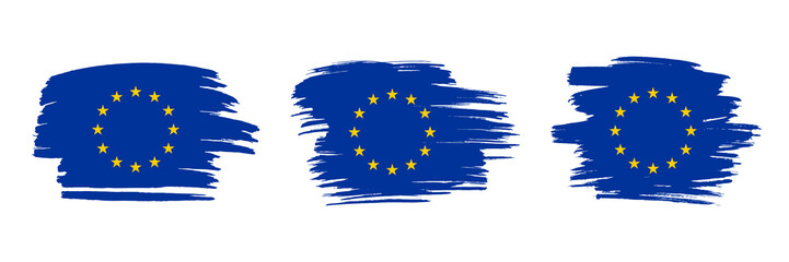 Set of 3 creative brush flag of European Union with grungy stroke effect. Modern brush flags collection.