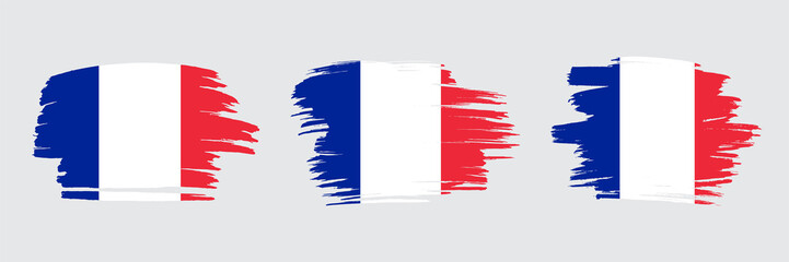 Set of 3 creative brush flag of France with grungy stroke effect. Modern brush flags collection.