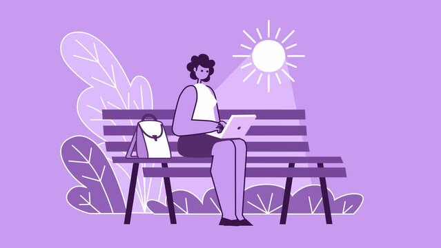 Purple Style Woman Flat Character Working Sitting on Bench with Laptop. Isolated Animation with Alpha Channel