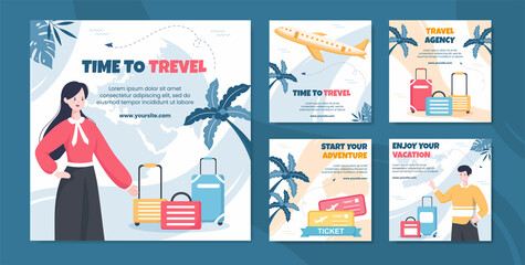 Travel Agency Social Media Post Template Flat Cartoon Background Vector Illustration