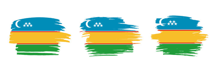 Set of 3 creative brush flag of Karakalpakstan with grungy stroke effect. Modern brush flags collection.