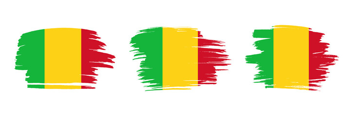 Set of 3 creative brush flag of Mali with grungy stroke effect. Modern brush flags collection.