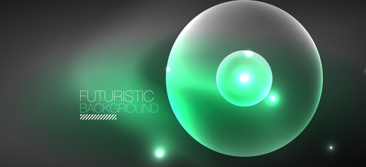 Shiny neon geometric abstract background. Glowing lights on round shapes, triangles and circles. Wallpaper for concept of AI technology, blockchain, communication, 5G, science, business