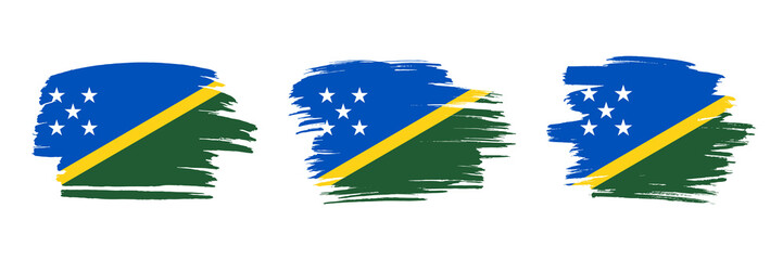 Set of 3 creative brush flag of Solomon Islands with grungy stroke effect. Modern brush flags collection.