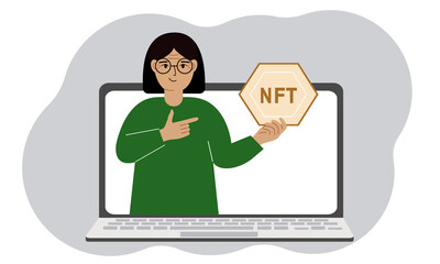 NFT concept. A laptop in which a woman with the image of NFT in the palm of his hand. Auction of non-fungible tokens, markets, online education.